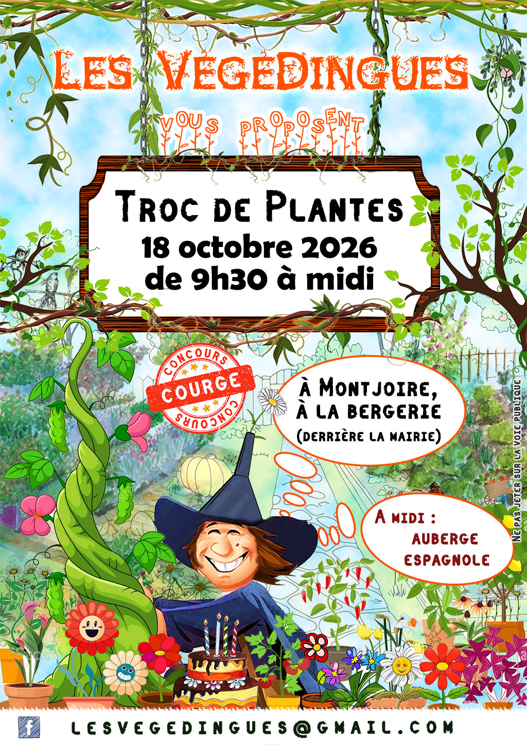 Affiche du Troc de Plantes, le 18 octobre 2026 de 9h30 à midi, à Montjoire, à la Bergerie derrière la mairie. À midi : auberge espagnole.