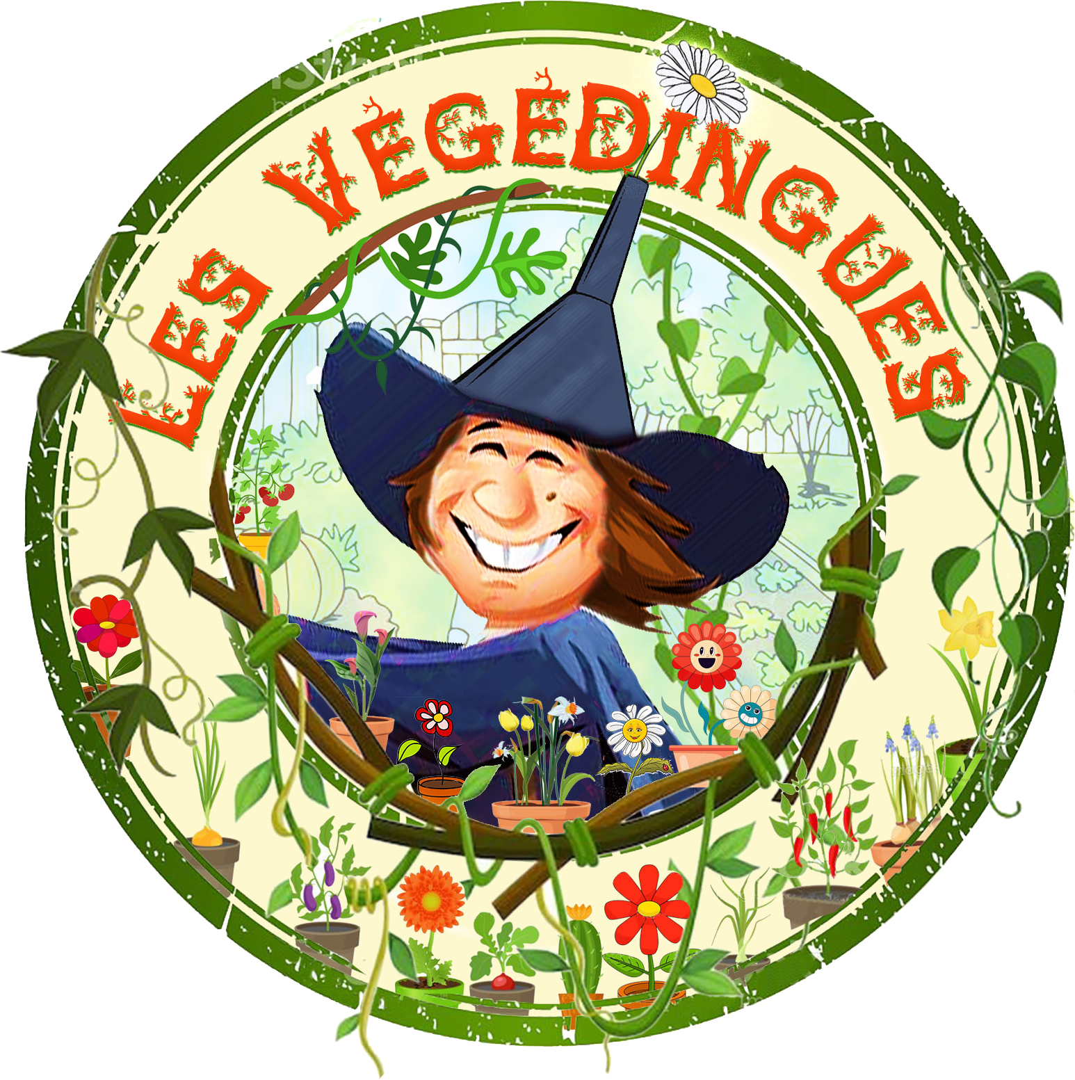 Logo des Végédingues : un jardinier au grand chapeau pointu entouré de plantes en pots